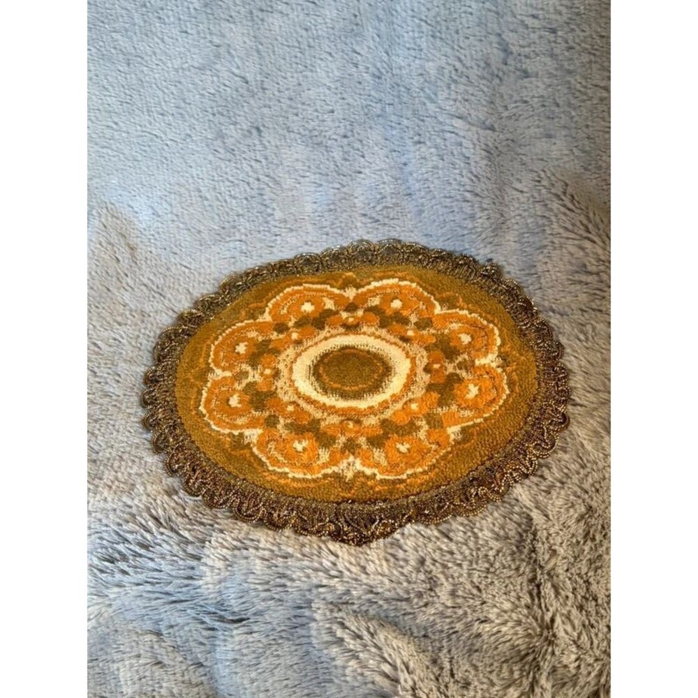 Retro 1970s Orange Velvet Tufted Table Mat Doily Miniature Rya Style Accent Rug